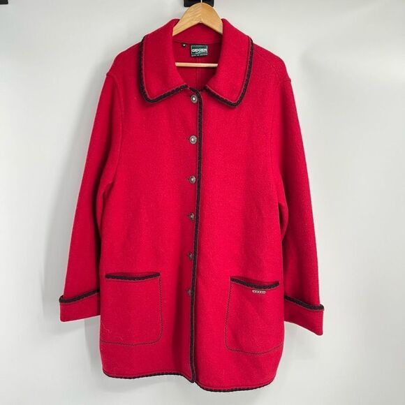 Vintage Geiger Coat Jacket Button Front Collared Wool Black Trim Red Women's 44 - Picture 1 of 9